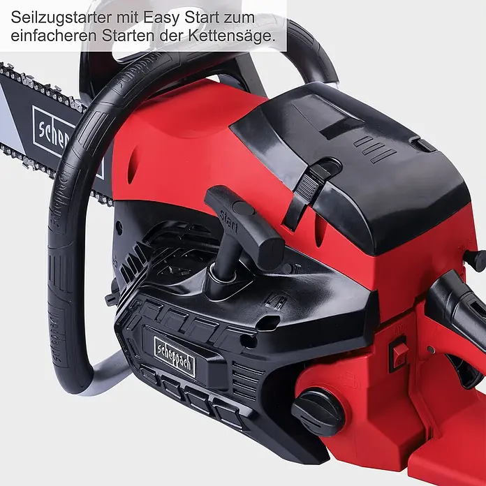 Scheppach Benzin-Kettensäge PCS56 - 2.300 W, 56 cm³, Schwertlänge: 51 cm, Max. Aststärke: 47 cm - Kettensäge von Scheppach mit Seilzugstarter und Easy Start Funktion für leichteres Starten.