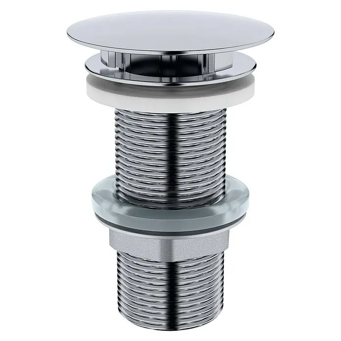 Ablaufventil - Höhe: 100 mm, 1 ¼″, Chrom, Permanent geöffnet - Nahaufnahme eines verchromten Waschbeckenstöpsels mit Gewinde und Dichtungen, ideal für Bad und Küche.