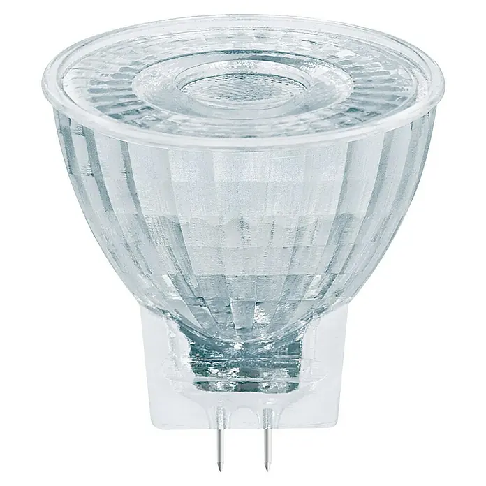 Osram LED-Lampe Star MR11 - GU4, Nicht Dimmbar, Warmweiß, 184 lm, 1,8 W - Nahaufnahme einer MR16 Halogenlampe mit klarem Reflektor und zwei Stiftkontakten. Ideal für Akzentbeleuchtung und energiesparende Lichtlösungen.