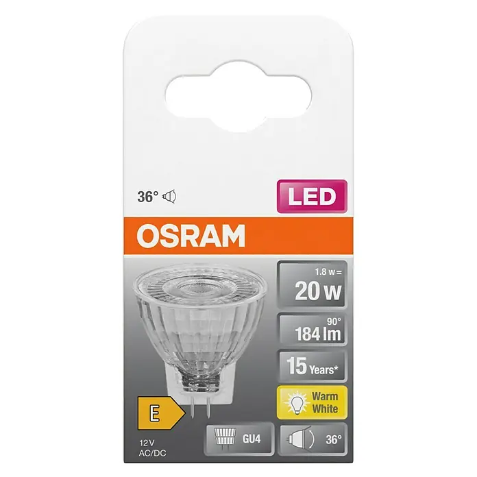 Osram LED-Lampe Star MR11 - GU4, Nicht Dimmbar, Warmweiß, 184 lm, 1,8 W - Nahaufnahme einer Osram LED-Lampe, 1,8 W, entspricht 20 W, mit 184 Lumen, warmweißem Licht und einer Lebensdauer von 15 Jahren.