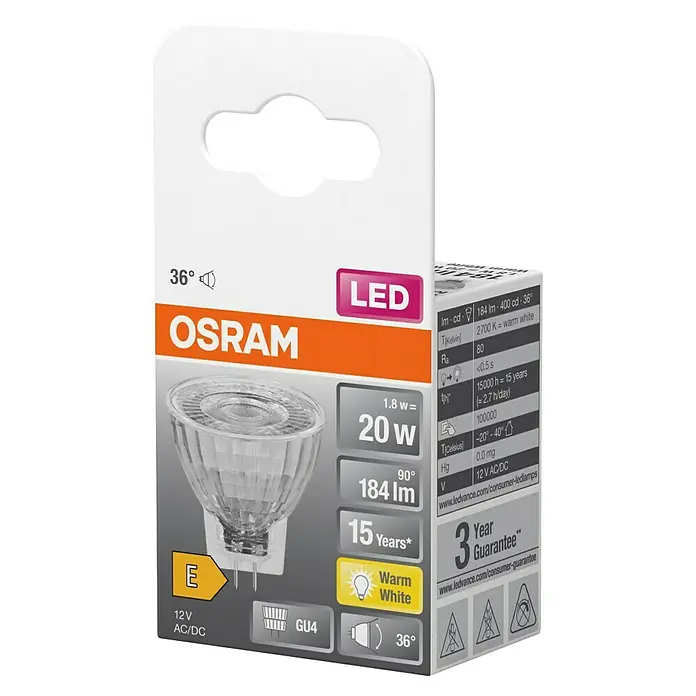 Osram LED-Lampe Star MR11 - GU4, Nicht Dimmbar, Warmweiß, 184 lm, 1,8 W - Abbildung einer Osram LED Lampe, GU4 Sockel, 1.8W Leistung, warmweißes Licht, lange Lebensdauer und 3 Jahre Garantie.