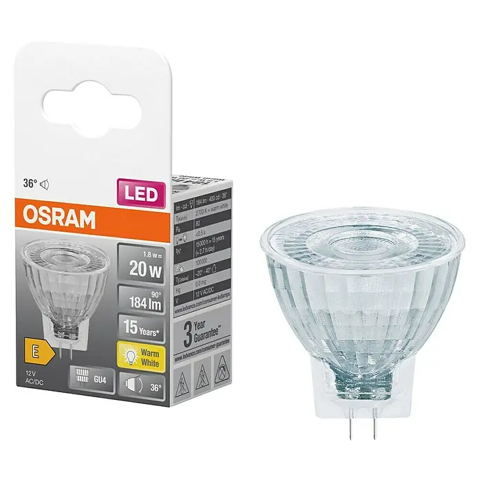 Osram LED-Lampe Star MR11 - GU4, Nicht Dimmbar, Warmweiß, 184 lm, 1,8 W - Bild einer Osram LED Lampe mit 20W Leistung und GU4 Sockel, warmweißes Licht, zusammen mit der Verpackung.