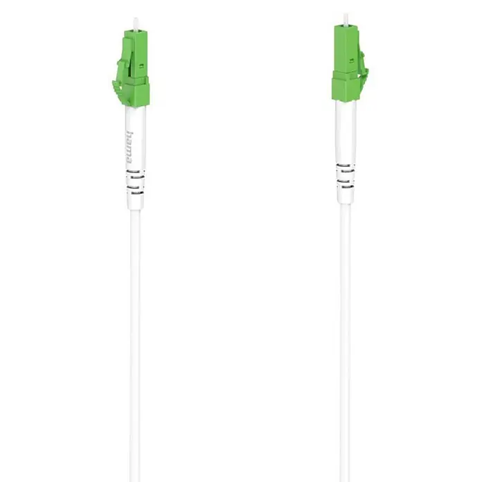 Hama Glasfaser-Netzwerkkabel 00200784 LC/APC-Stecker - LC/APC-Stecker 10 Gbit/s 500 m - Weiß - Weißes Hama Glasfaserkabel mit grünen SC/APC-Steckern an beiden Enden.