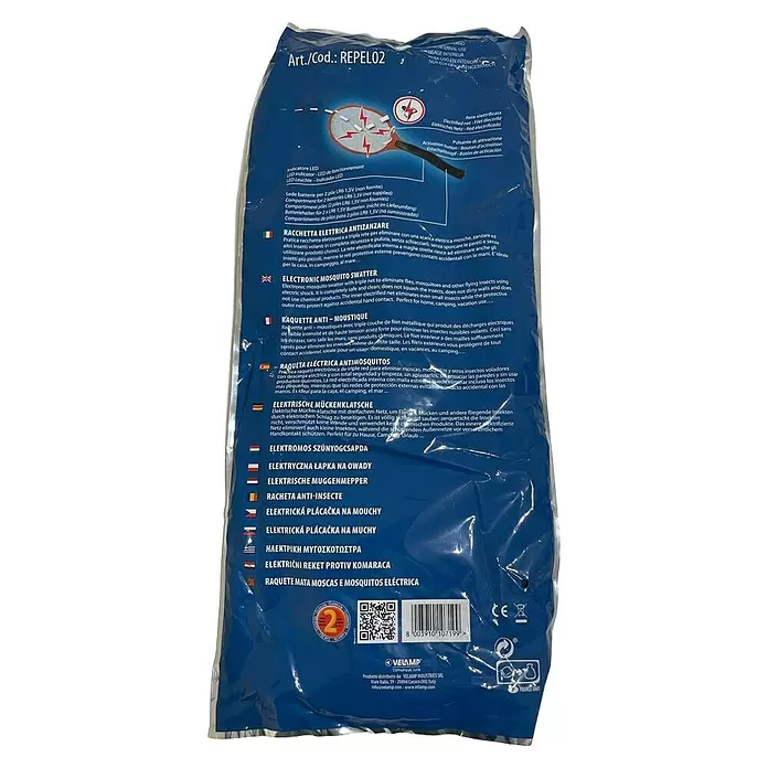 Velamp Matainsectos eléctrico Smash - Funciona con pilas, Negro - Envase de plástico azul para un matamoscas eléctrico, mostrando detalles del producto y una ilustración del matamoscas con relámpagos.