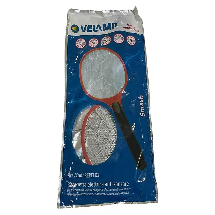 Velamp Matainsectos eléctrico Smash - Funciona con pilas, Negro - Raqueta eléctrica antimosquitos VELAMP Smash en embalaje azul y blanco. Con mango rojo y negro, rejilla metálica.