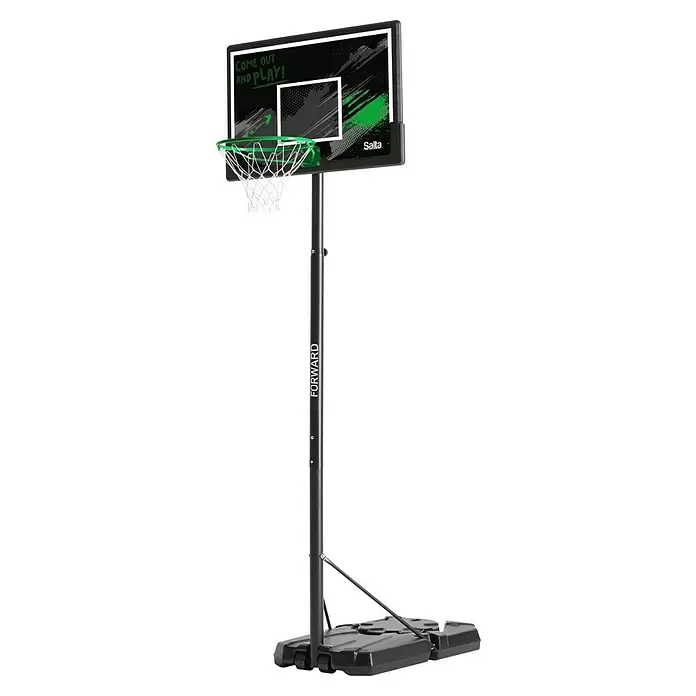 Salta Basketballkorb Forward - L x B x H: 172 x 110 x 362 cm, Schwarz - Tragbarer Basketballkorb mit schwarzem Mast, grünem Ring, weißem Netz und einer schwarzen Platte mit grünen Grafiken. Er hat eine Rollenbasis.