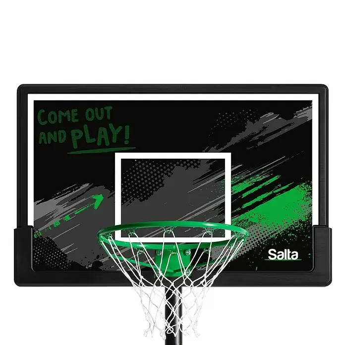 Salta Basketballkorb Forward - L x B x H: 172 x 110 x 362 cm, Schwarz - Schwarzes Basketball-Backboard mit grün-grauem Design, der Aufschrift 'COME OUT AND PLAY!', grünem Korb und weißem Netz.