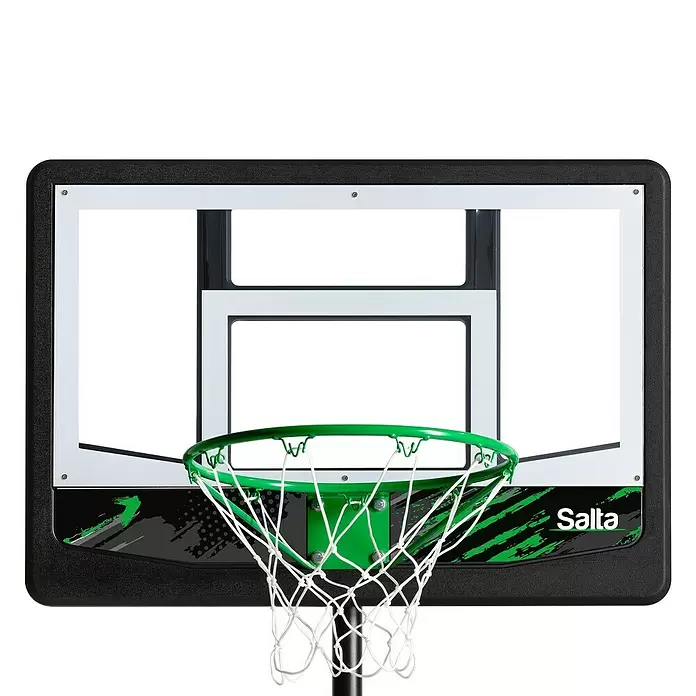 Salta Basketballkorb Dribble - Schwarz - Schwarze Basketball-Rückwand mit weißem Ziel und grünem Korb mit weißem Netz.