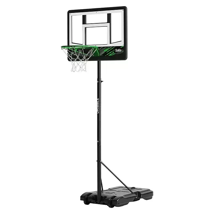 Salta Basketballkorb Dribble - Schwarz - Schwarzer tragbarer Basketballkorb mit weißem Backboard, grünem Korbring und weißem Netz, verstellbarem Ständer und rollbarer schwarzer Basis.