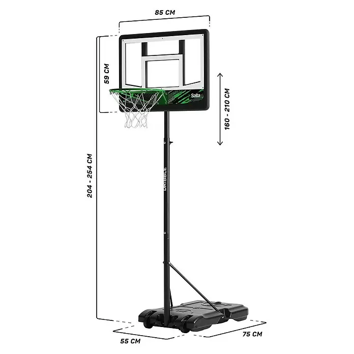 Salta Basketballkorb Forward - L x B x H: 172 x 110 x 362 cm, Schwarz - Verstellbarer, tragbarer schwarzer Basketballkorb mit grünen Akzenten und weißem Netz.