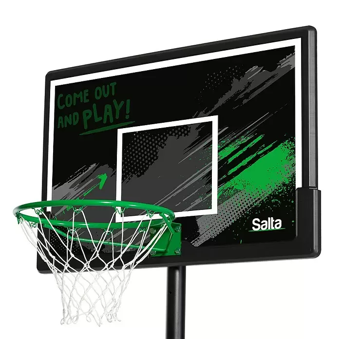 Salta Basketballkorb Forward - L x B x H: 172 x 110 x 362 cm, Schwarz - Basketballkorb mit schwarzer Rückwand, grünem Ring und weißem Netz, mit grafischem Design.