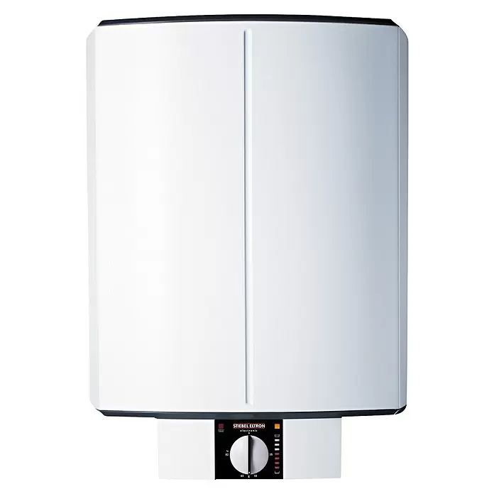 Stiebel Eltron Warmwasserspeicher SH 50 S - 50 l, Temperaturbereich: 35 °C - 85 °C - Weißer elektrischer Warmwasserbereiter mit schwarzem Bedienfeld, Temperaturregler und Anzeigeleuchten unten.
