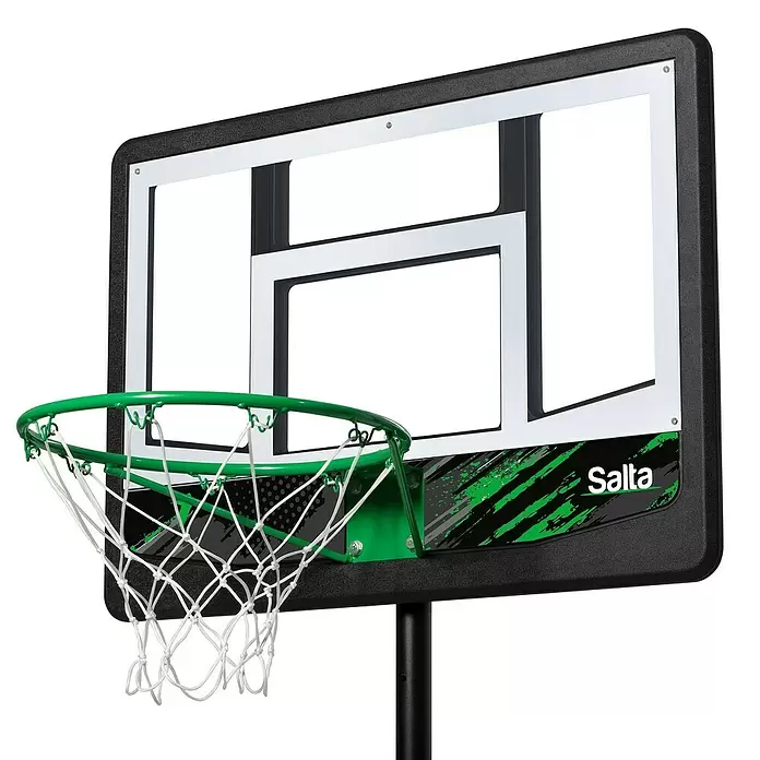Salta Basketballkorb Dribble - Schwarz - Schwarzes Basketball-Backboard mit weißen Details, grünem Korb und weißem Netz auf schwarzem Pfosten.