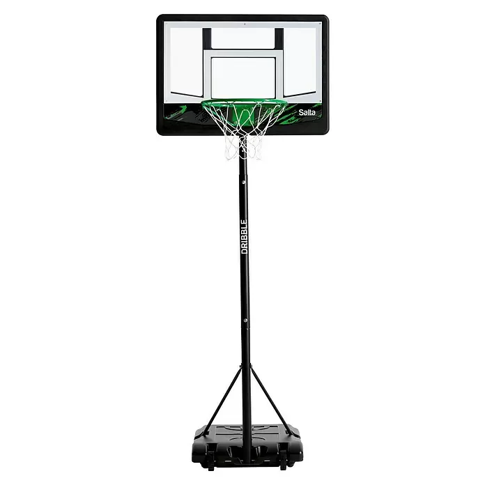 Salta Basketballkorb Dribble - Schwarz - Ein tragbarer Basketballkorb mit schwarzem Pfosten und Fuß, weißem Backboard mit grünen Akzenten und grünem Ring mit weißem Netz.