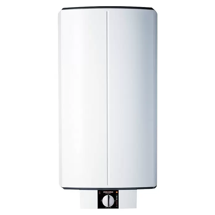 Stiebel Eltron Warmwasserspeicher SH 80 S - 80 l, Temperaturbereich: 35 °C - 85 °C - Weißer rechteckiger Elektro-Warmwasserspeicher mit schwarzem Bedienfeld und Temperaturregler unten.