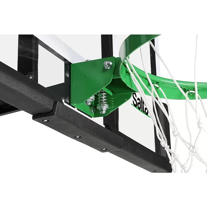 Salta Basketballkorb Guard - 138 x 86 x 128 cm, Schwarz - Nahaufnahme eines grünen Basketballkorb-Rings und des federbelasteten Mechanismus mit weißem Netz, befestigt an einer schwarzen Stützstruktur und Backboard.