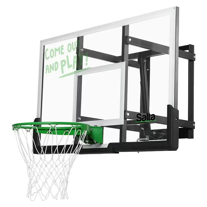 Salta Basketballkorb Guard - 138 x 86 x 128 cm, Schwarz - Transparente Basketball-Backboard mit weißem Rahmen, schwarzem Metallgestell, grünem Korb, weißem Netz, Salta-Logo und dem Text 'COME OUT AND PLAY!'.