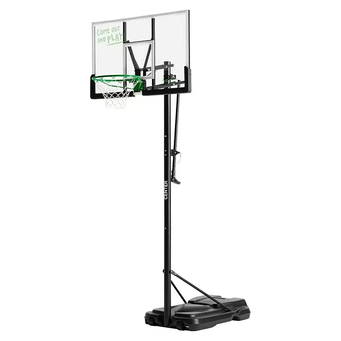 Salta Basketballkorb Center - 234 x 210 x 125 cm, Schwarz - Schwarzer mobiler Basketballkorb mit transparentem Backboard, grünem Ring und der Aufschrift "COME OUT AND PLAY".