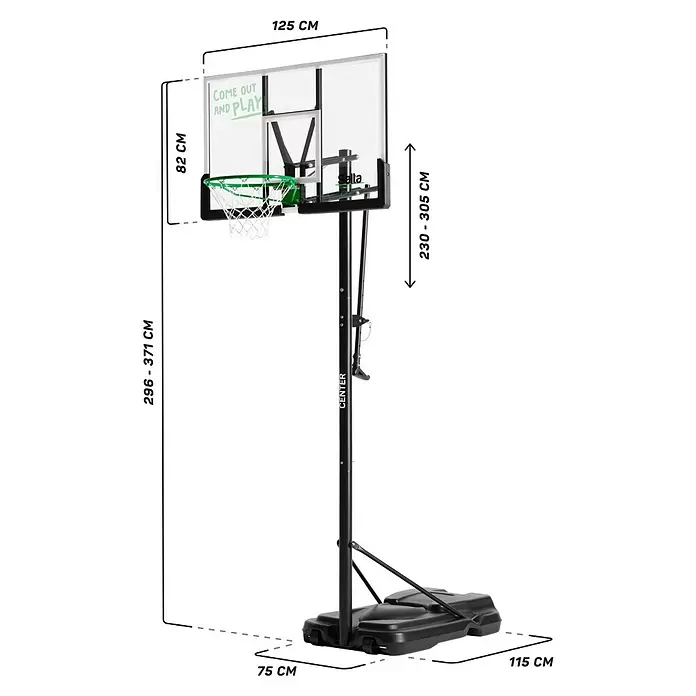 Salta Basketballkorb Center - 234 x 210 x 125 cm, Schwarz - Schwarzer, mobiler Basketballkorb mit transparenter Platte und grünem Ring, Maße sichtbar. Höhenverstellbar (230-305cm), Brett (125x82cm), Basis (115x75cm).