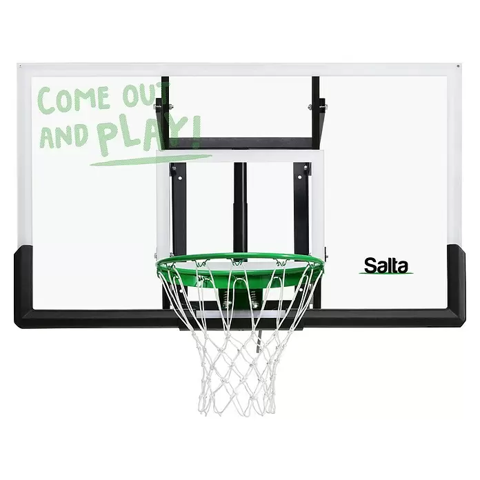 Salta Basketballkorb Guard - 138 x 86 x 128 cm, Schwarz - Basketballkorb mit transparenter Platte, schwarzem Rahmen, grünem Ring, weißem Netz und verspieltem Text. Mit 'Salta' Logo.