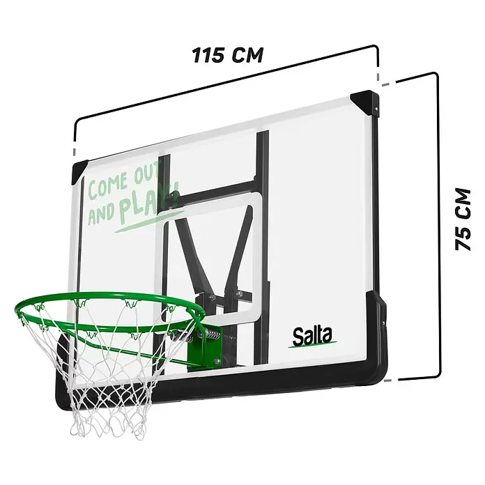 Salta Basketballkorb - 115 x 75 x 80 cm, Schwarz - Transparente Basketball-Backboard mit grünem Korb, weißem Netz und schwarzem Rahmen, 115 cm breit und 75 cm hoch.