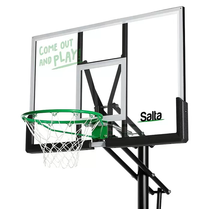 Salta Basketballkorb Center - 234 x 210 x 125 cm, Schwarz - Ein Basketballkorb mit transparenter Platte, grünem Ring, weißem Netz und schwarzem Stützrahmen.