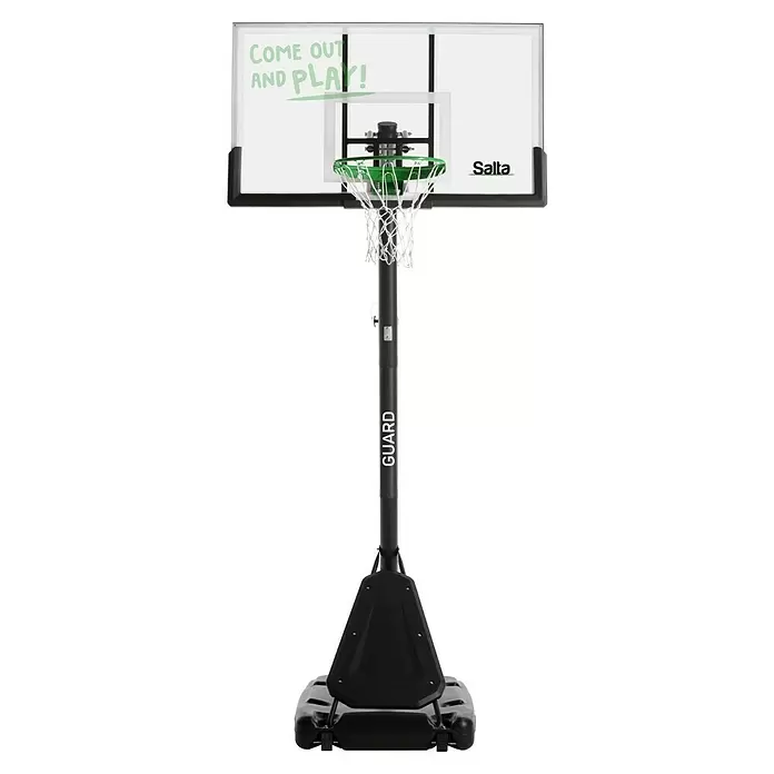 Salta Basketballkorb Guard - Schwarz, Höhe: 371 cm - Tragbarer Salta Basketballkorb mit transparenter Rückwand, grünem Ring, schwarzem Pfosten und Fuß.