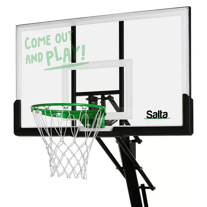 Salta Basketballkorb Guard - Schwarz, Höhe: 371 cm - Klare Basketball-Rückwand mit grünem Korb, weißem Netz und schwarzem Rahmen, mit „COME OUT AND PLAY!“ Text und „Salta“ Logo.