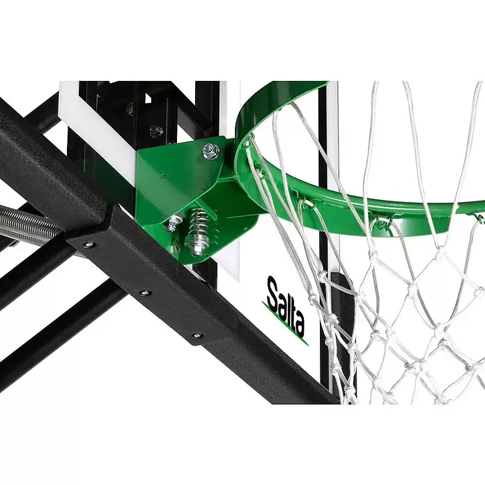 Salta Basketballkorb Guard - Schwarz, Höhe: 371 cm - Nahaufnahme einer grünen Metallhalterung eines Basketballkorbs, weißem Netz und gefederter Stützstruktur mit Salta-Logo.
