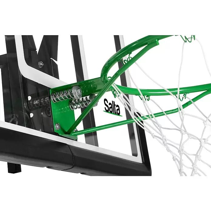 Salta Basketballkorb - 115 x 75 x 80 cm, Schwarz - Grüner, federbelasteter Basketballkorb mit weißem Netz an schwarz-weißem Brett.