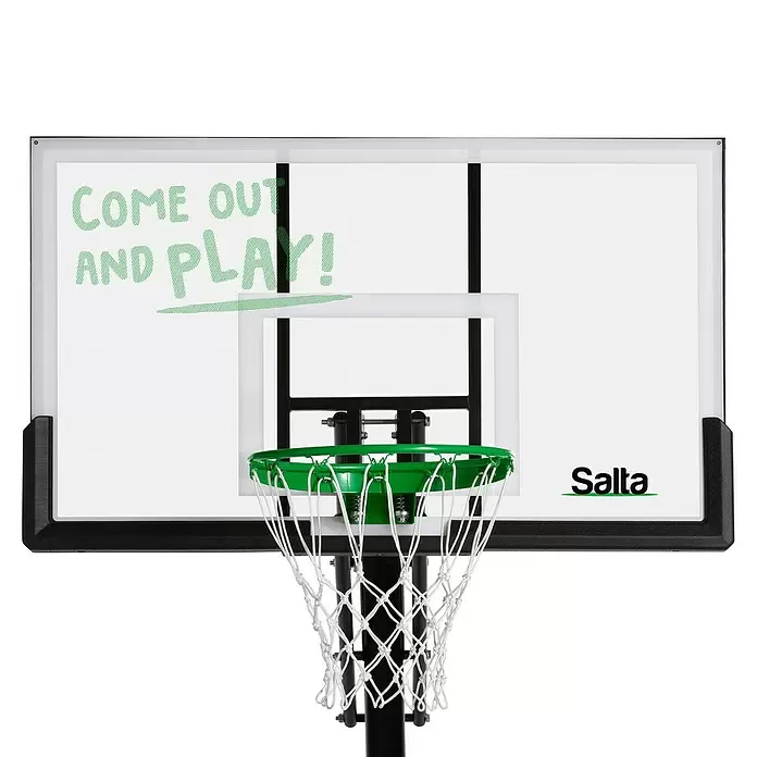 Salta Basketballkorb Guard - Schwarz, Höhe: 371 cm - Transparente Basketball-Rückwand mit schwarzem Rahmen, grünem Korb und weißem Netz. Mit 'COME OUT AND PLAY!'-Text und 'Salta'-Logo.