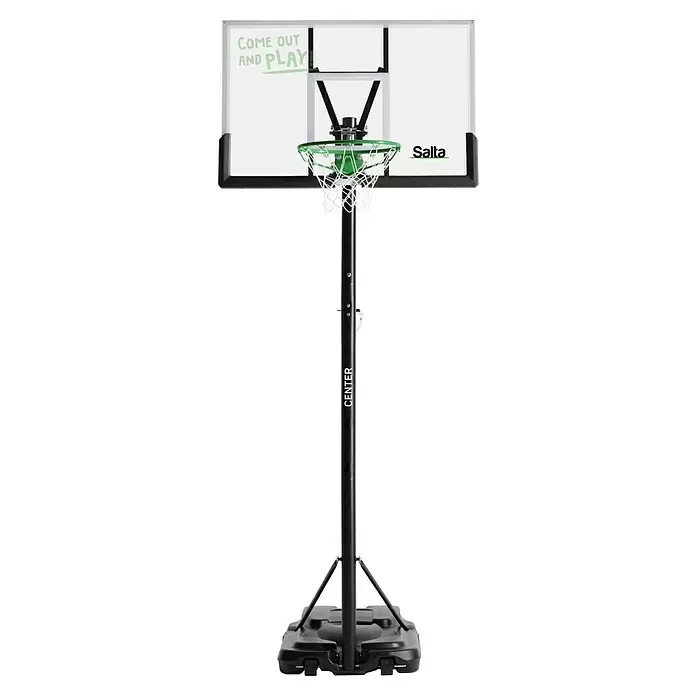 Salta Basketballkorb Center - 234 x 210 x 125 cm, Schwarz - Tragbarer Basketballkorb mit transparenter Platte, grünem Ring, schwarzem, verstellbarem Pfosten und Rollsockel.