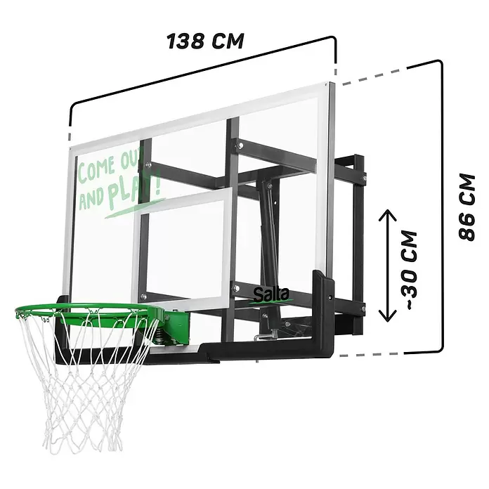 Salta Basketballkorb Guard - 138 x 86 x 128 cm, Schwarz - Basketballkorb (138x86 cm) mit transparenter Platte, grünem Ring, weißem Netz und schwarzem Gestell; ragt ~30 cm heraus.