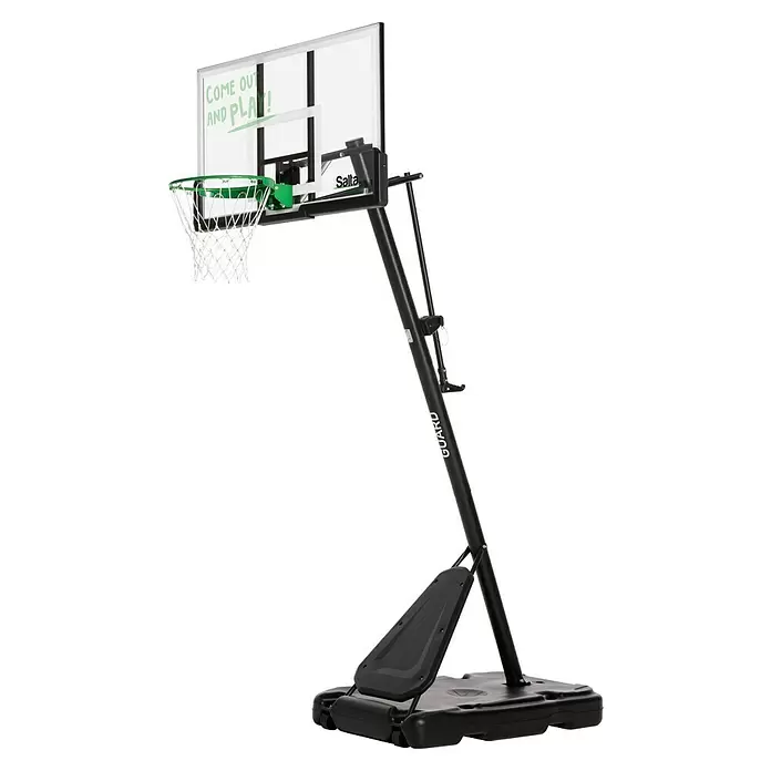 Salta Basketballkorb Guard - Schwarz, Höhe: 371 cm - Schwarzer mobiler Basketballkorb mit transparenter Zieltafel, grünem Ring und 'COME OUT AND PLAY!' Text. Verstellbarer Ständer und stabile Basis.
