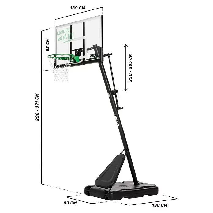 Salta Basketballkorb Guard - Schwarz, Höhe: 371 cm - Schwarzer, tragbarer Basketballkorb mit transparenter Platte, grünem Ring und weißem Netz. Höhenverstellbar.