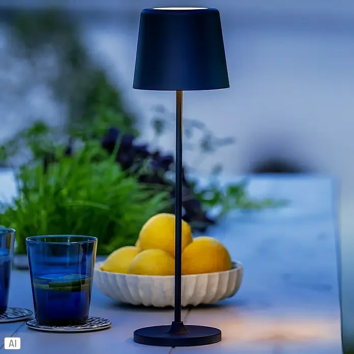 Brilliant Akku-Tischleuchte Kaami - 2 W, Schwarz, Warmweiß - Elegante, schnurlose Tischleuchte mit Lampenschirm, ideal für den Außenbereich. Stimmungsvolle Beleuchtung für Garten, Terrasse oder Balkon.