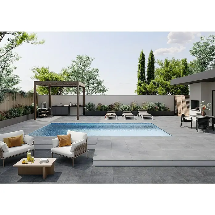 Art-Tec by Palazzo Terrassenfliese - 60 x 60 x 2 cm, Steel, Matt - Einladender Außenbereich mit stilvollem Pool, gemütlichen Lounge-Möbeln und einer modernen Außenküche für entspannte Stunden im Freien.