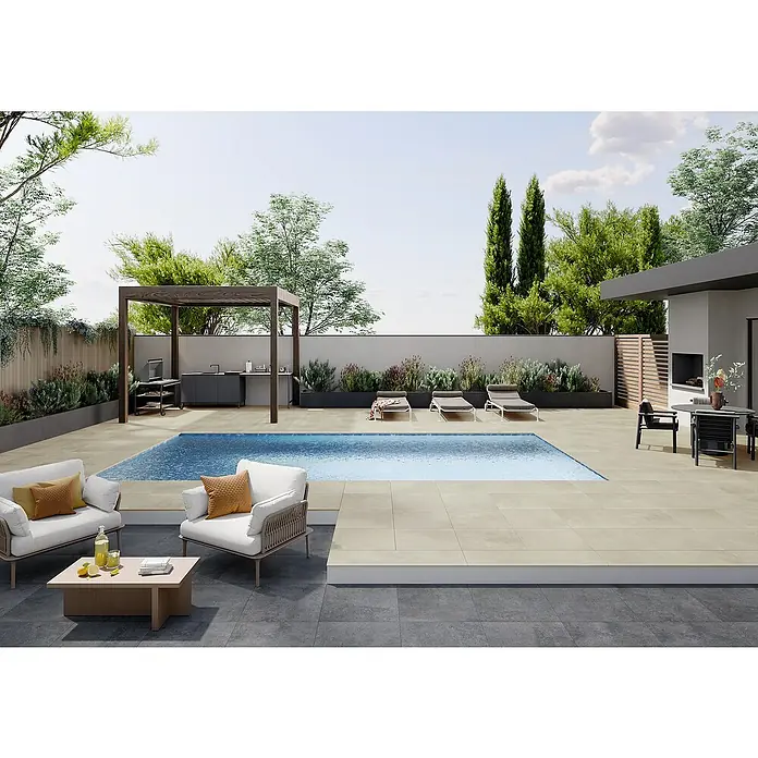Art-Tec by Palazzo Terrassenfliese - 60 x 60 x 2 cm, Offwhite, Matt - Einladender Außenbereich mit Pool, stilvollen Fliesen, Loungemöbeln und einer Outdoor-Küche für entspannte Stunden im Freien.