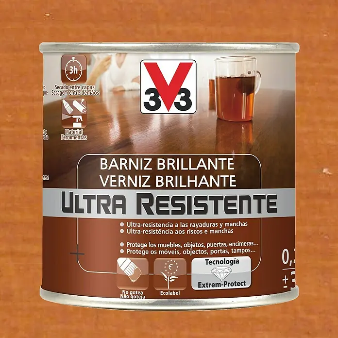 V33 Barniz para madera Brillante Ultra Resistente - Cerezo, Brillante, 250 ml - Bote de barniz brillante "Ultra Resistent" de 3V3. Protege muebles y superficies de rayaduras y manchas. Secado rápido.