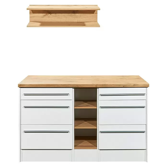 Respekta Inselküche Gabriel - Breite: 320 cm, Weiß, Mit Schräghaube, Mit Elektrogeräten - Helles Holzregal über weißem Schrank mit Holzplatte und mittigen offenen Regalfächern.