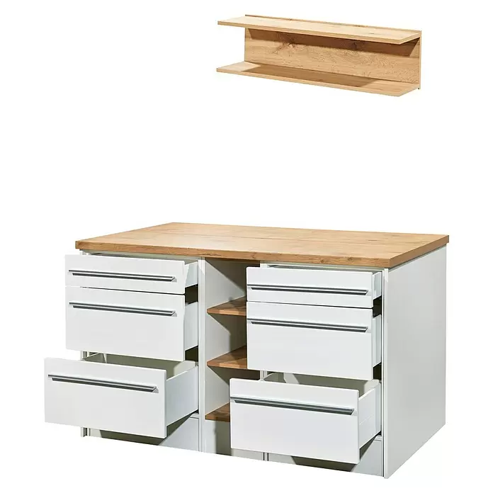 Respekta Inselküche Gabriel - Breite: 320 cm, Weiß, Mit Schräghaube, Mit Elektrogeräten - Weiße Kommode mit heller Holzplatte, offenen Schubladen und Fächern, dazu ein passendes Wandregal aus Holz.