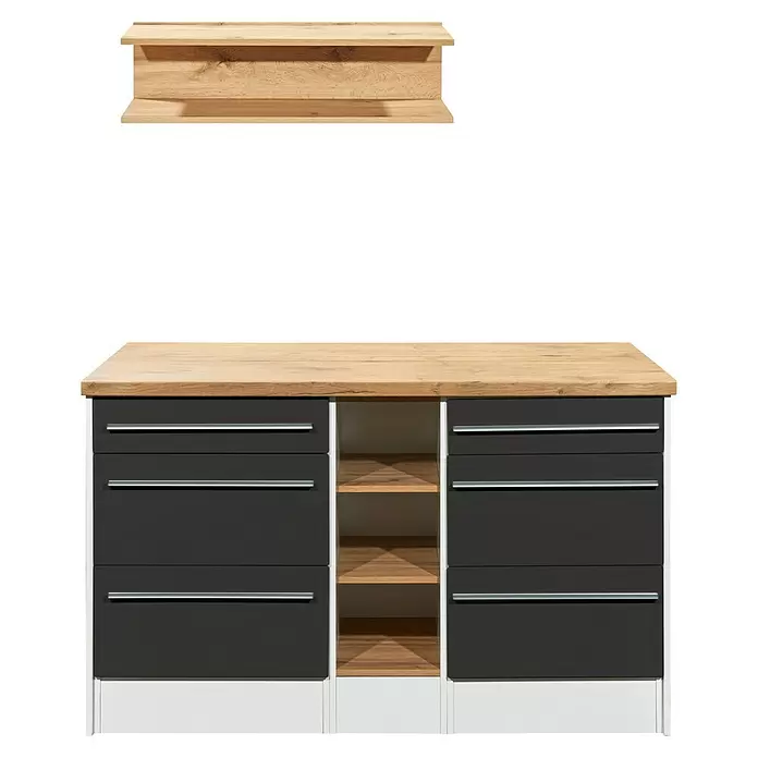 Respekta Inselküche Gabriel - Breite: 150 cm, Grau, Ohne Elektrogeräte - Hängeregal aus Holz über einem Schrank mit Holzplatte, dunkelgrauen Schubladen und offenen Holzregalen.