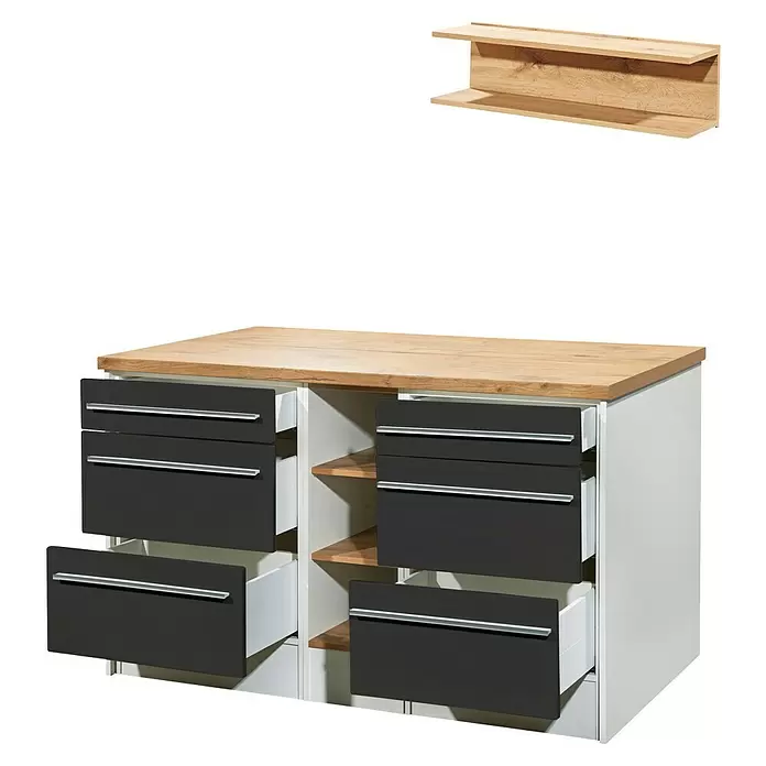 Respekta Inselküche Gabriel - Breite: 150 cm, Grau, Ohne Elektrogeräte - Moderner Küchenunterschrank mit Holzplatte und dunkelgrauen, teils geöffneten Schubladen. Passendes Holzregal schwebt darüber.