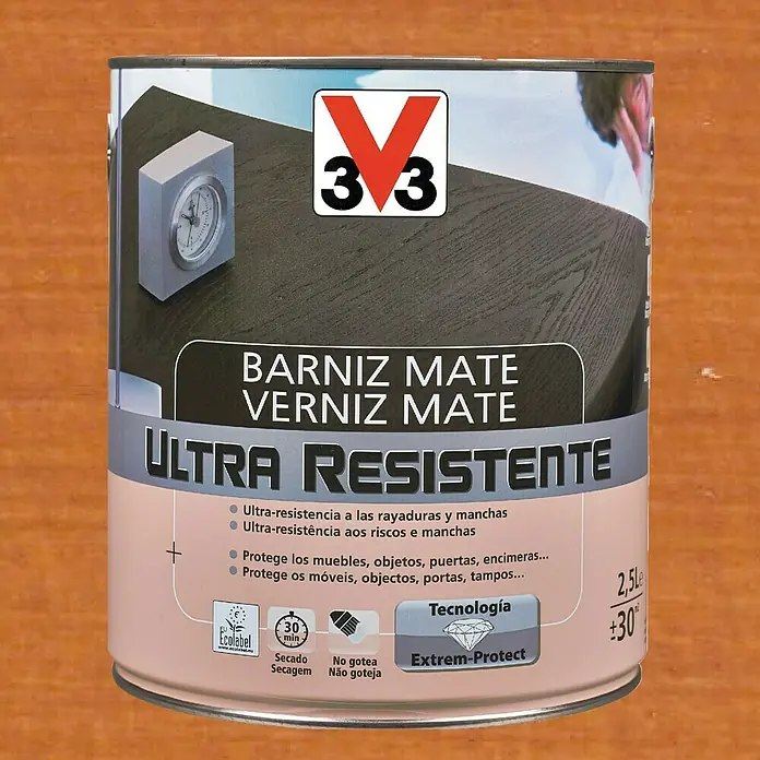 V33 Barniz para madera Mate Ultra Resistente - Cerezo, Mate, 750 ml - Bote de "3V3 BARNIZ MATE", un barniz mate extra resistente para proteger muebles, puertas y mucho más, con tecnología Extrem-Protect.