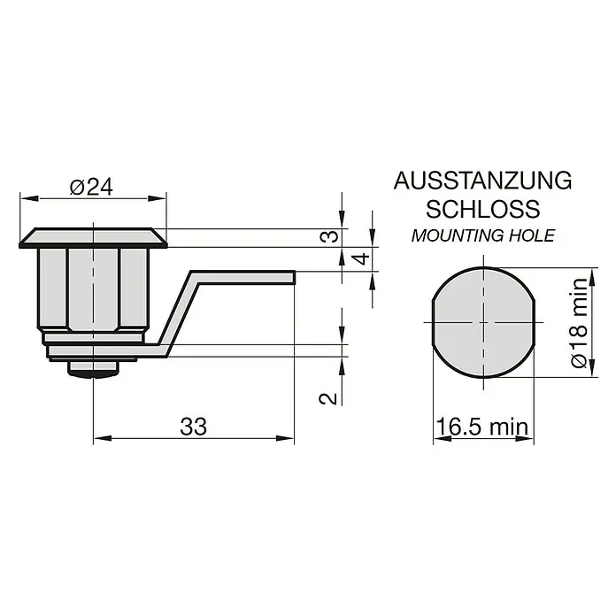 Basi Universalzylinder HS 354 - Passend für: Basi Briefkästen - Produktabbildung mit Bemaßung, zeigt ein Schloss mit Durchmesser 24 mm und einer Einbauöffnung von mindestens 18 mm.