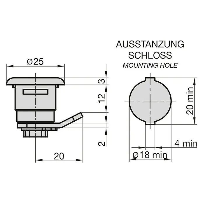 Basi Universalzylinder HS 330 - Passend für: Renz ab Bj.1980 - Technische Zeichnung eines Schlosses mit Bemaßungen für die Montage.