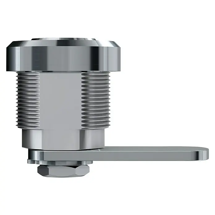 Basi Universalzylinder HS 313 - Passend für: Universal - Burg - Detailaufnahme eines silbernen Drehstangenschlosses mit Gewinde und Hebel, ideal für Schränke und Schubladen, auf schwarzem Hintergrund.