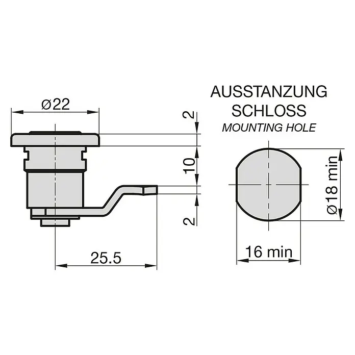 Basi Universalzylinder HS 322 - Passend für: Ju - Technische Zeichnung eines Schlosses mit den Maßen Ø22, 25.5, 10, 2, Ø18 min und 16 min für Ausstanzung Schloss Mounting Hole.