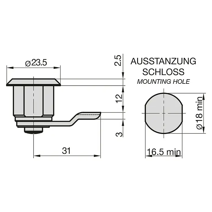 Basi Universalzylinder HS 340 - Passend für: Basi Briefkästen - Abbildung eines Schließzylinders mit Abmessungen.