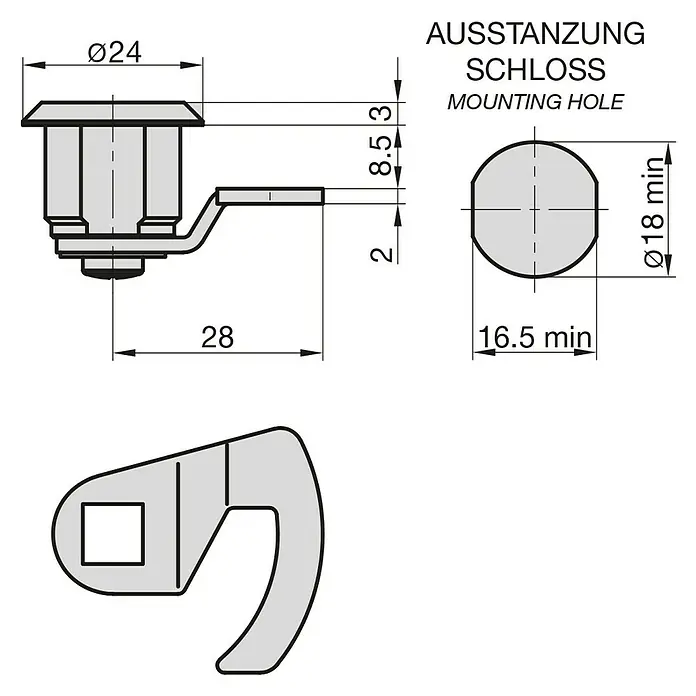 Basi Universalzylinder HS 356 - Passend für: Basi Briefkästen - Technische Zeichnung eines Schlossriegels mit Bemaßungen und Montagebohrung.